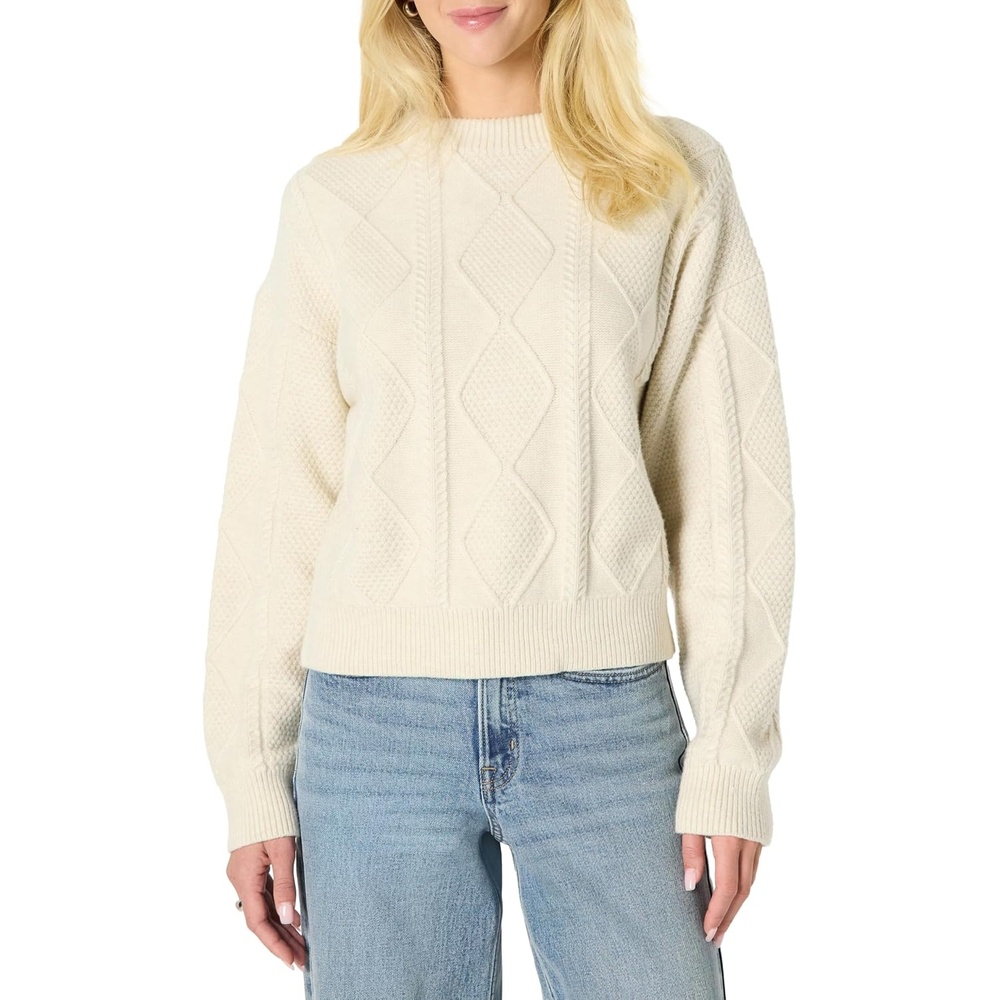 image:imageAmazon Essentials Womens RelaxedFit Cable Crewneck SweaterOatmeal Heather