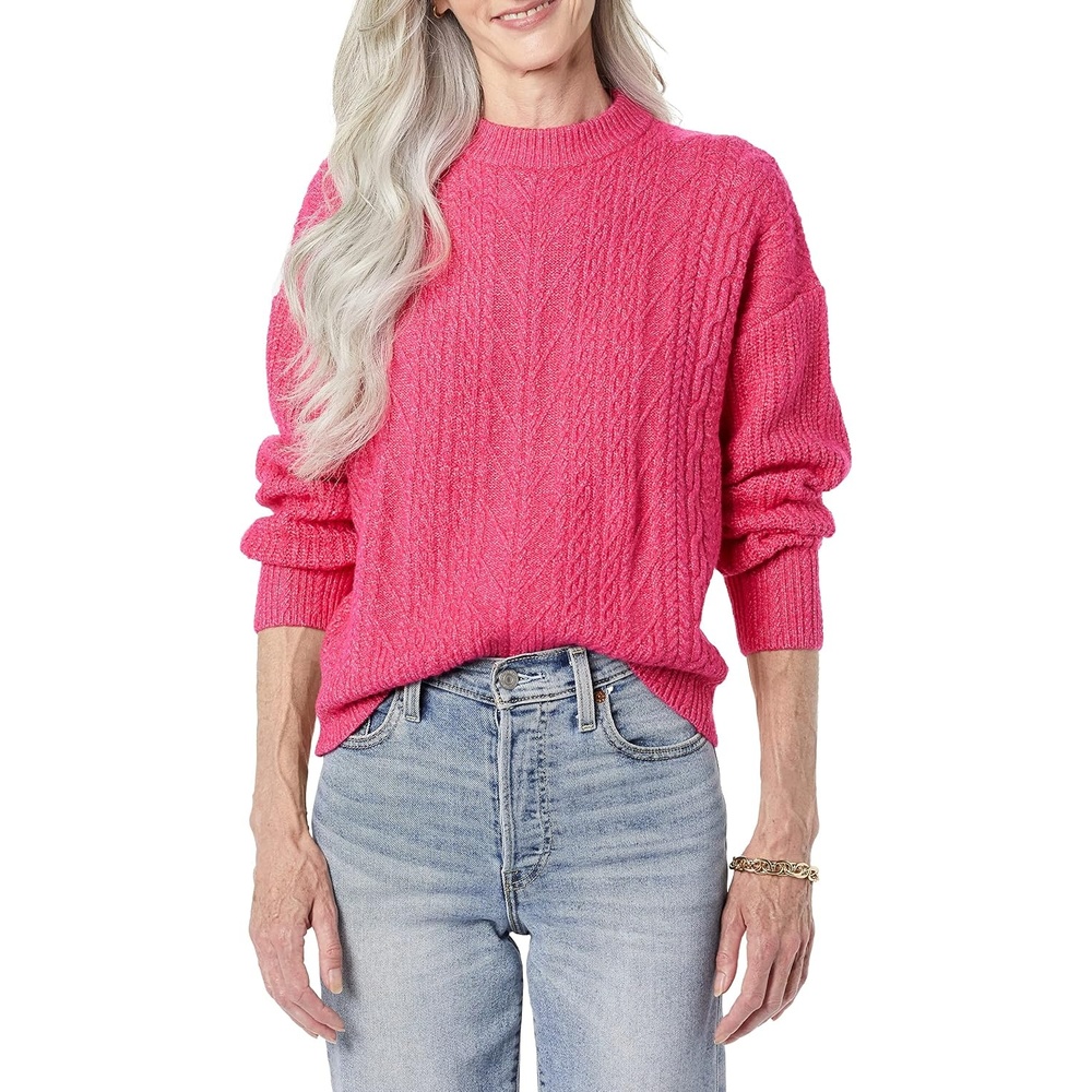image:imageAmazon Essentials Womens RelaxedFit Cable Knit Sweater SoftTouch Modern Crewneck PlusHot Pink