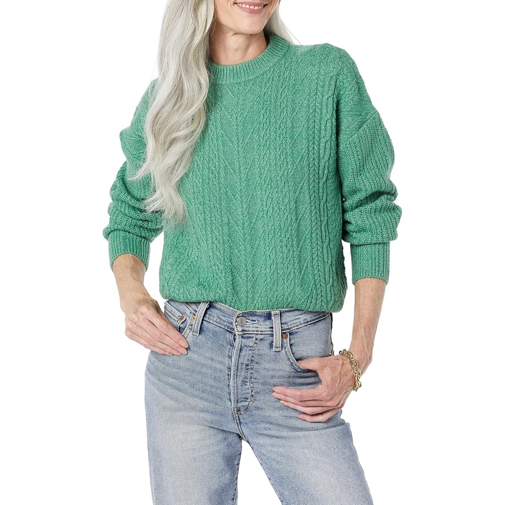 image:imageAmazon Essentials Womens RelaxedFit Cable Knit Sweater SoftTouch Modern Crewneck PlusSage Green