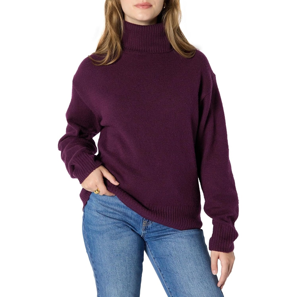 image:imageAmazon Essentials Womens RelaxedFit Cotton Blend Turtleneck Pullover Sweater with Dropped Shoulders Rib TrimBurgundy