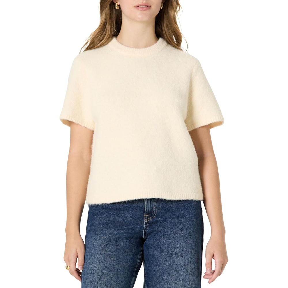 image:imageAmazon Essentials Womens RelaxedFit Faux Mohair Short Sleeve Sweater TopCream