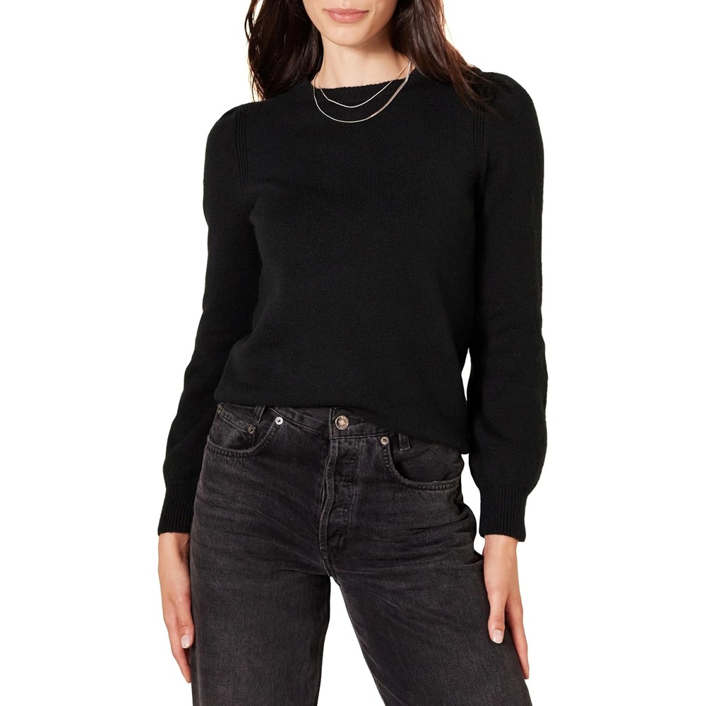 image:imageAmazon Essentials Womens RelaxedFit Soft Touch Long Sleeve Pleated Shoulder Crewneck SweaterBlack