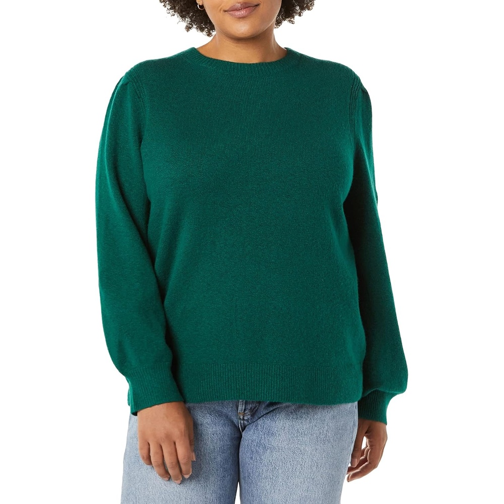 image:imageAmazon Essentials Womens RelaxedFit Soft Touch Long Sleeve Pleated Shoulder Crewneck SweaterDark Green
