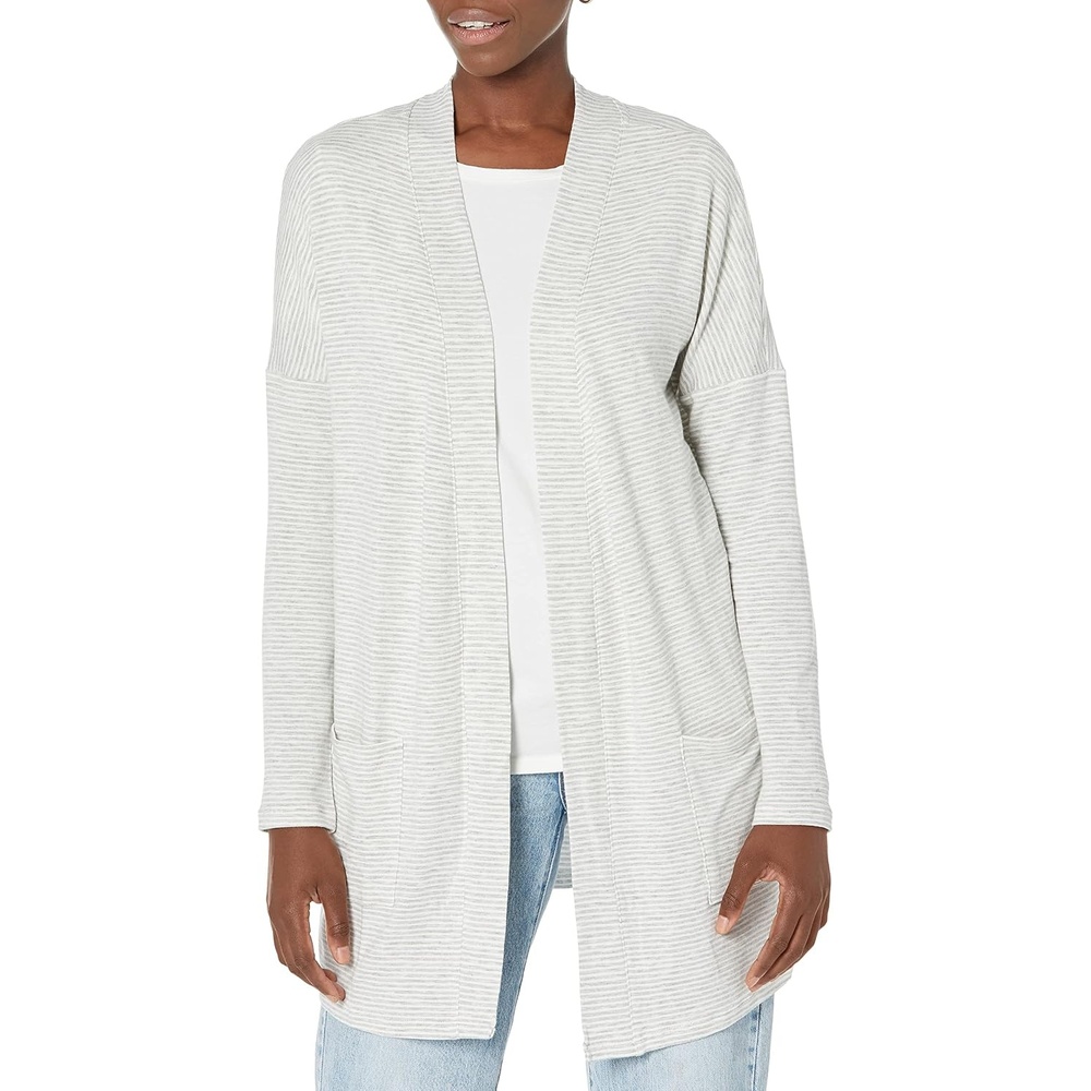 image:imageAmazon Essentials Womens RelaxedFit UltraLightweight OpenFront CardiganGrey Heather Stripe