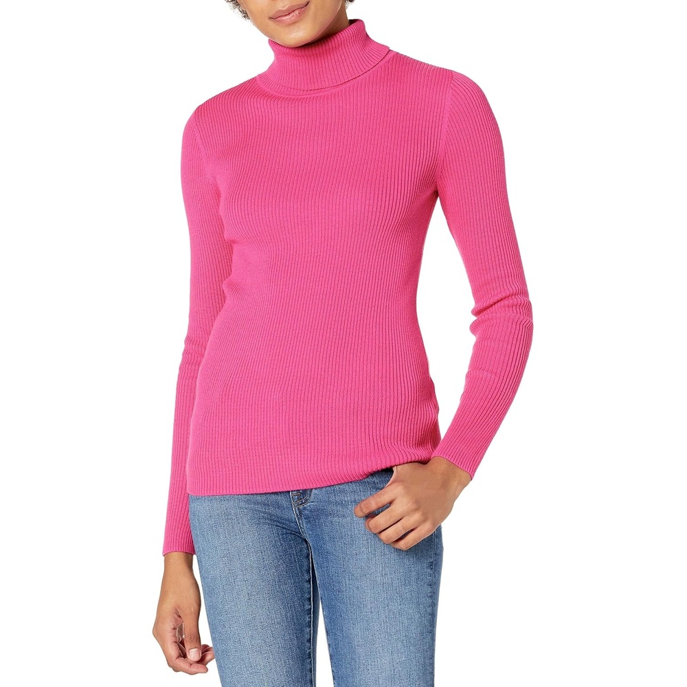 image:imageAmazon Essentials Womens SlimFit Lightweight LongSleeve Ribbed Turtleneck SweaterBright Pink
