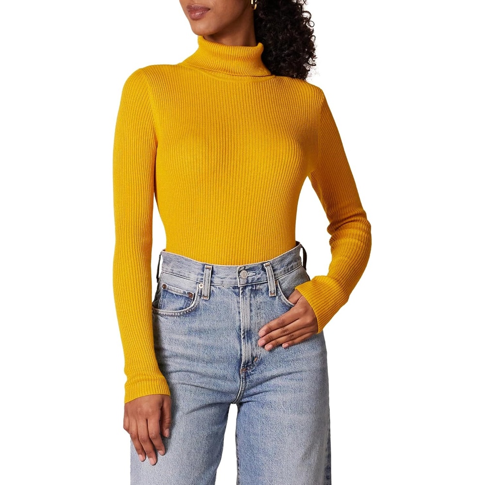 image:imageAmazon Essentials Womens SlimFit Lightweight LongSleeve Ribbed Turtleneck SweaterGold