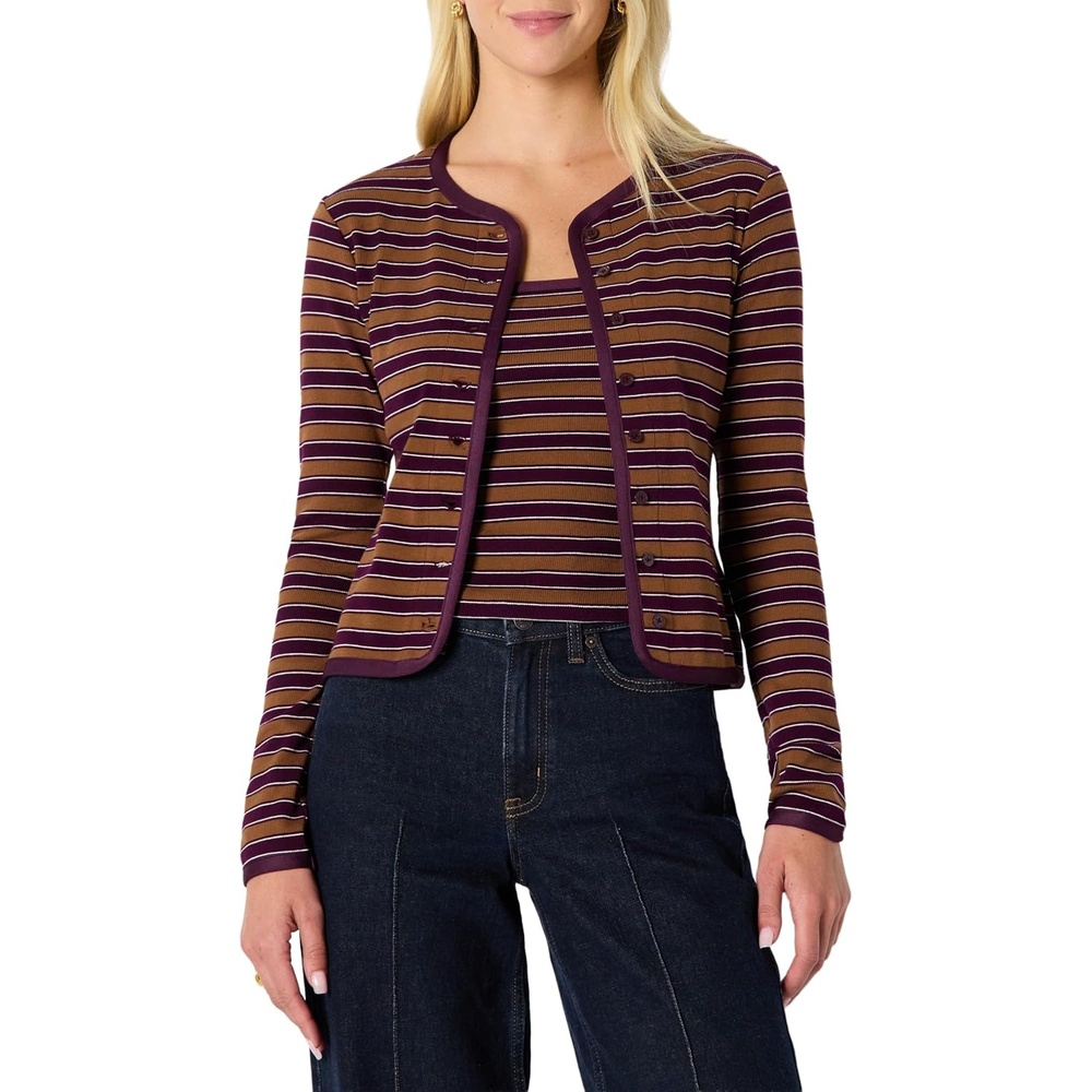image:imageAmazon Essentials Womens SlimFit Ribbed Cardigan amp Cami Set with Removable StrapsBurgundy Brown Stripe