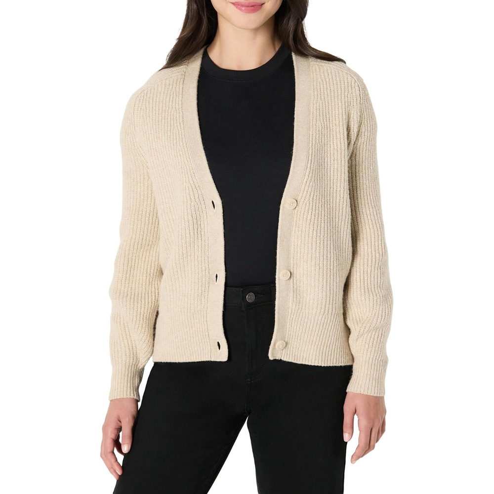 image:imageAmazon Essentials Womens Soft Touch Ribbed V Neck Blouson Cardigan SweaterBeige