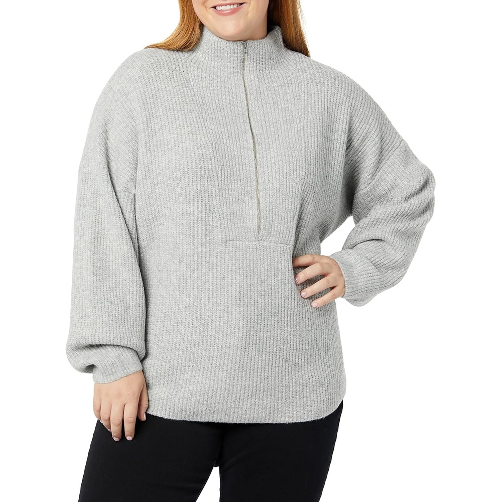 image:imageAmazon Essentials Womens Sweaters Dressy Casual Mid Gauge Stretch Half Zip Polo CollarGrey Heather