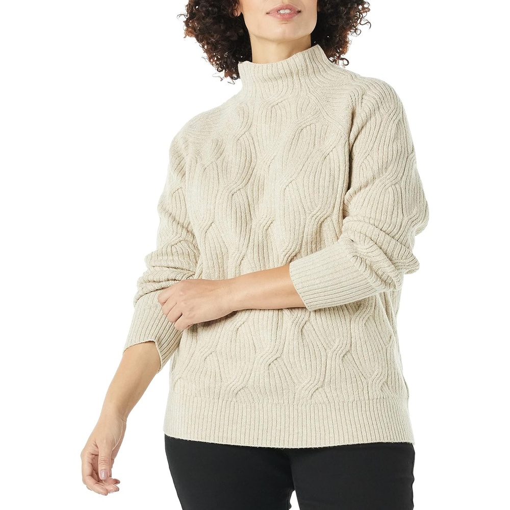 image:imageAmazon Essentials Womens Winter LongSleeve Sweater Soft Touch Funnel Neck Cable KnitBeige
