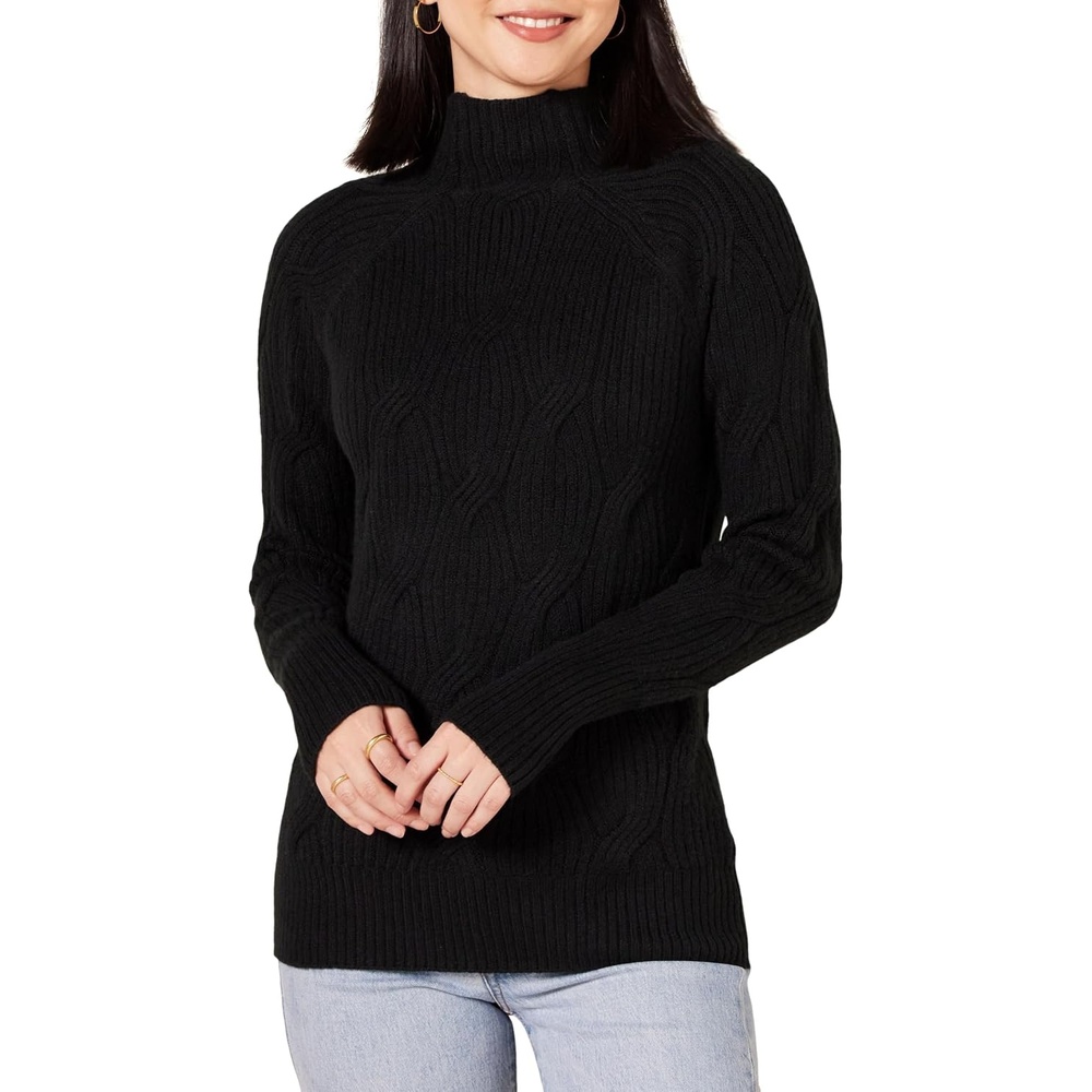image:imageAmazon Essentials Womens Winter LongSleeve Sweater Soft Touch Funnel Neck Cable KnitBlack