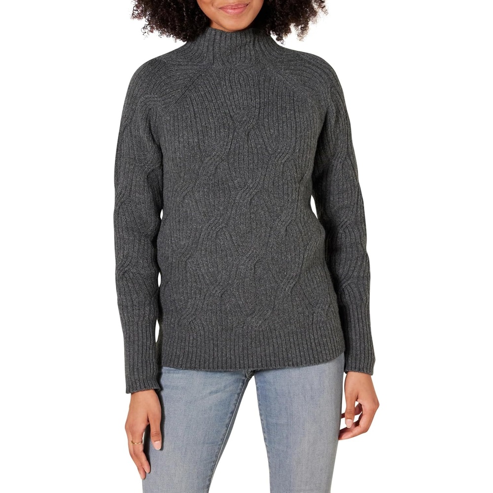 image:imageAmazon Essentials Womens Winter LongSleeve Sweater Soft Touch Funnel Neck Cable KnitCharcoal Heather