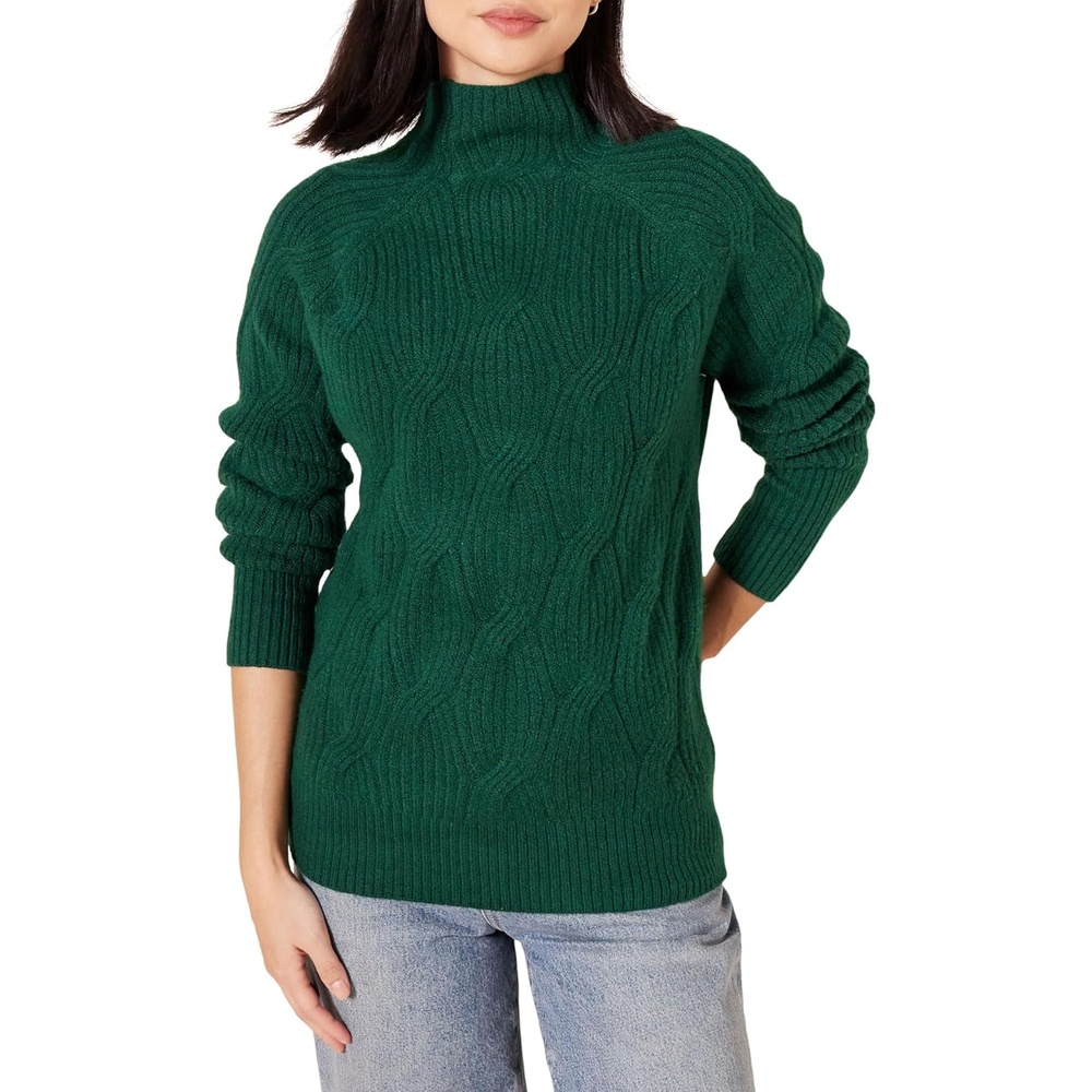 image:imageAmazon Essentials Womens Winter LongSleeve Sweater Soft Touch Funnel Neck Cable KnitDark Green