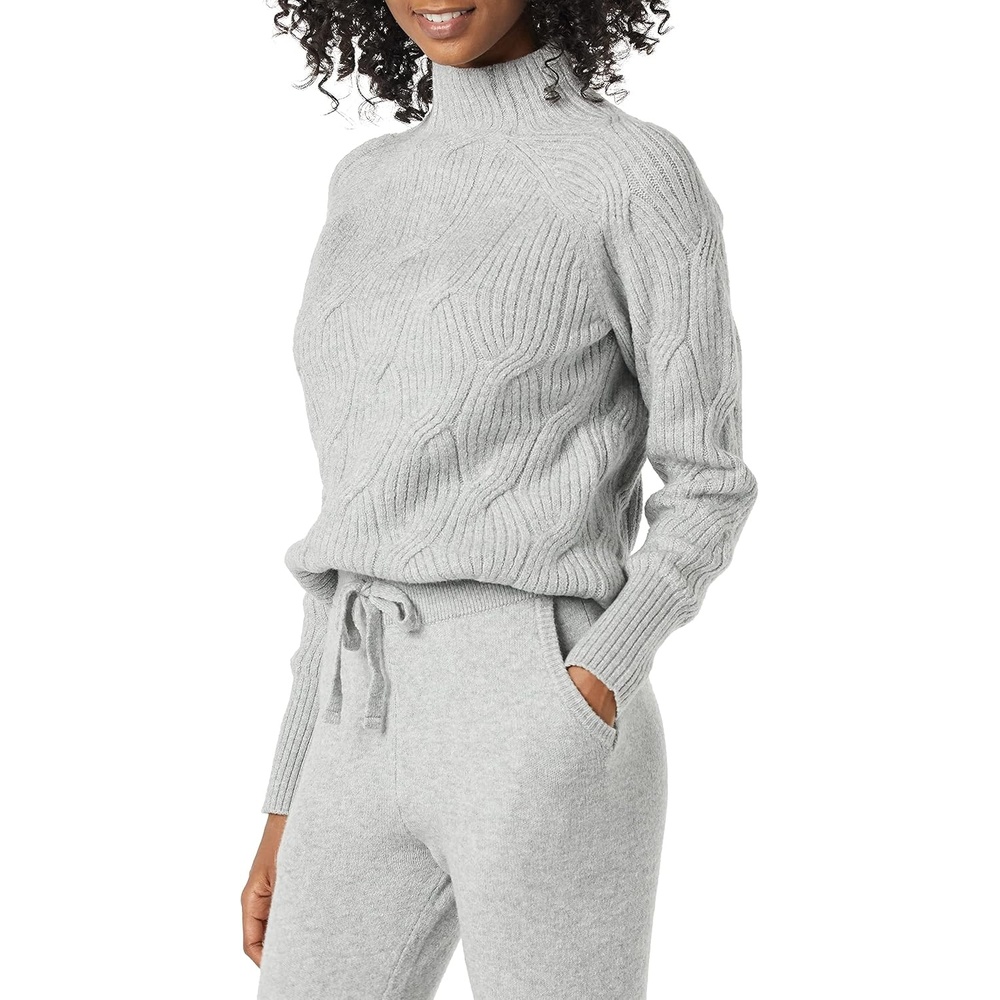 image:imageAmazon Essentials Womens Winter LongSleeve Sweater Soft Touch Funnel Neck Cable KnitGrey Heather