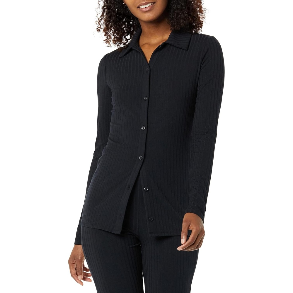 image:imageAmazon Essentials womens Wide Rib Long Sleeve Buttonup Collared Cardigan Pants Sold SeparatelyBlack