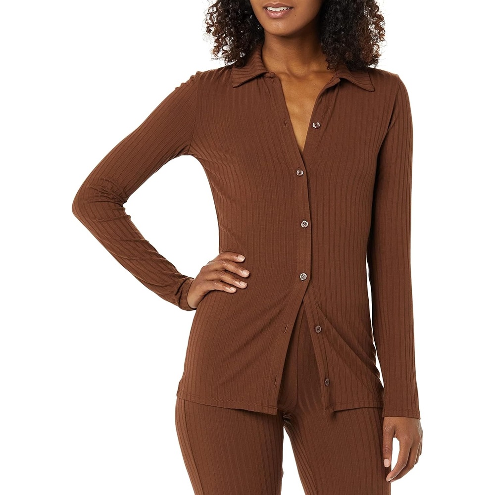 image:imageAmazon Essentials womens Wide Rib Long Sleeve Buttonup Collared Cardigan Pants Sold SeparatelyChocolate