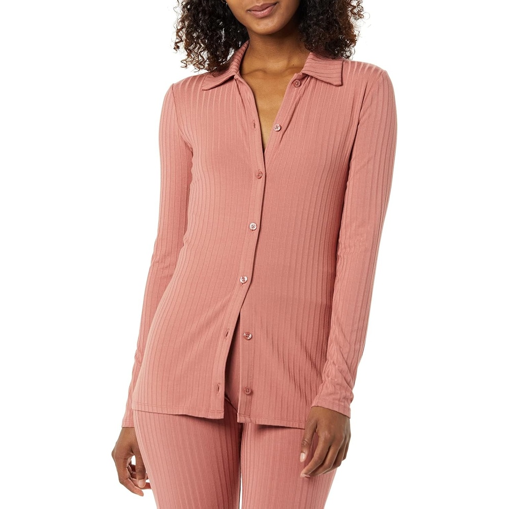 image:imageAmazon Essentials womens Wide Rib Long Sleeve Buttonup Collared Cardigan Pants Sold SeparatelyTerracotta