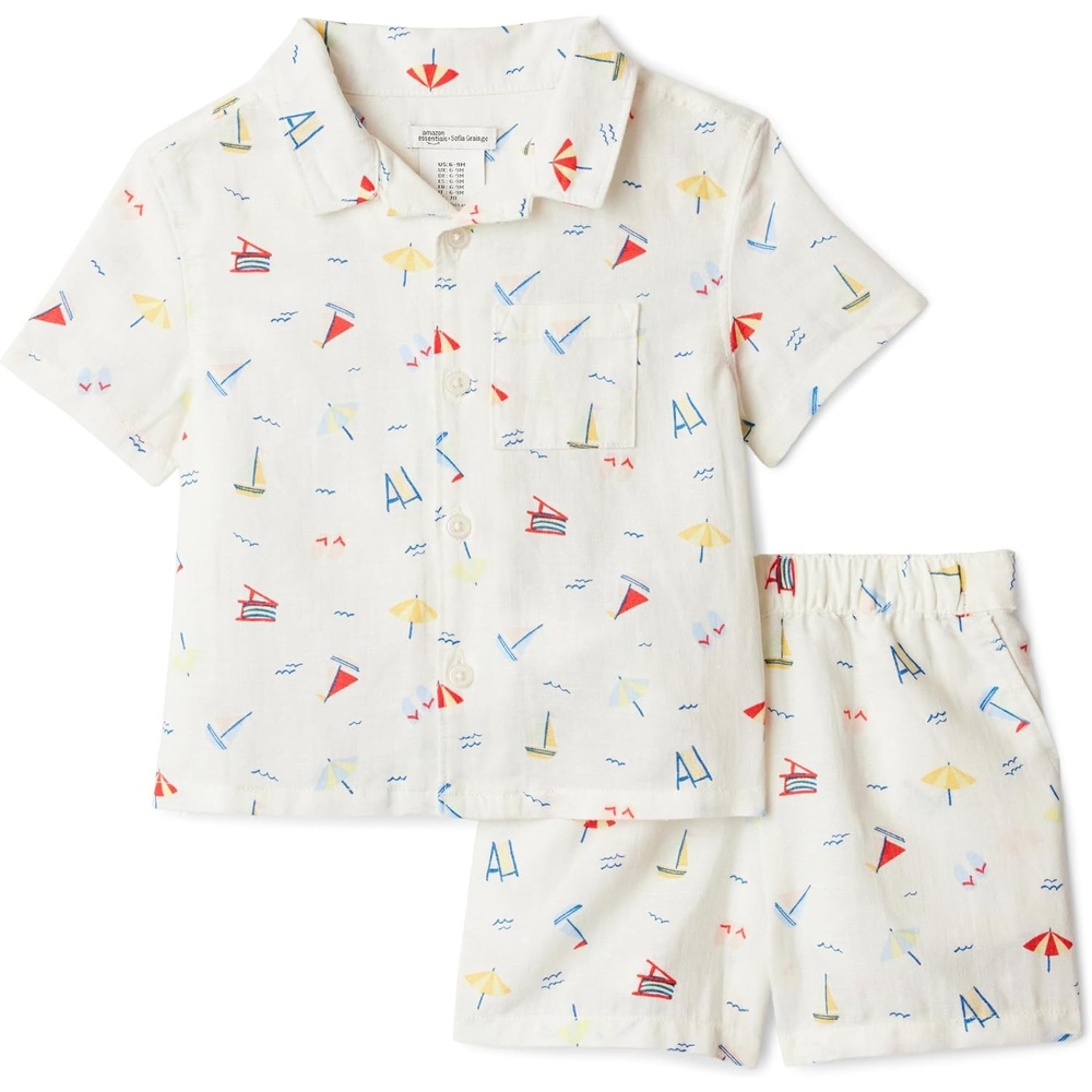 image:imageAmazon Essentials x Sofia Grainge Toddlers and Baby Boys Cotton Linen Short Sleeve Shirt amp Shorts Play SetIvory Beach