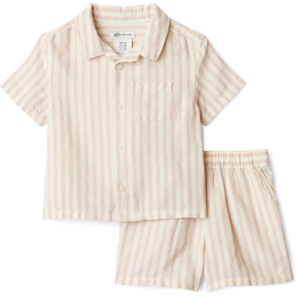 image:imageAmazon Essentials x Sofia Grainge Toddlers and Baby Boys Cotton Linen Short Sleeve Shirt amp Shorts Play SetTaupe Even Stripe