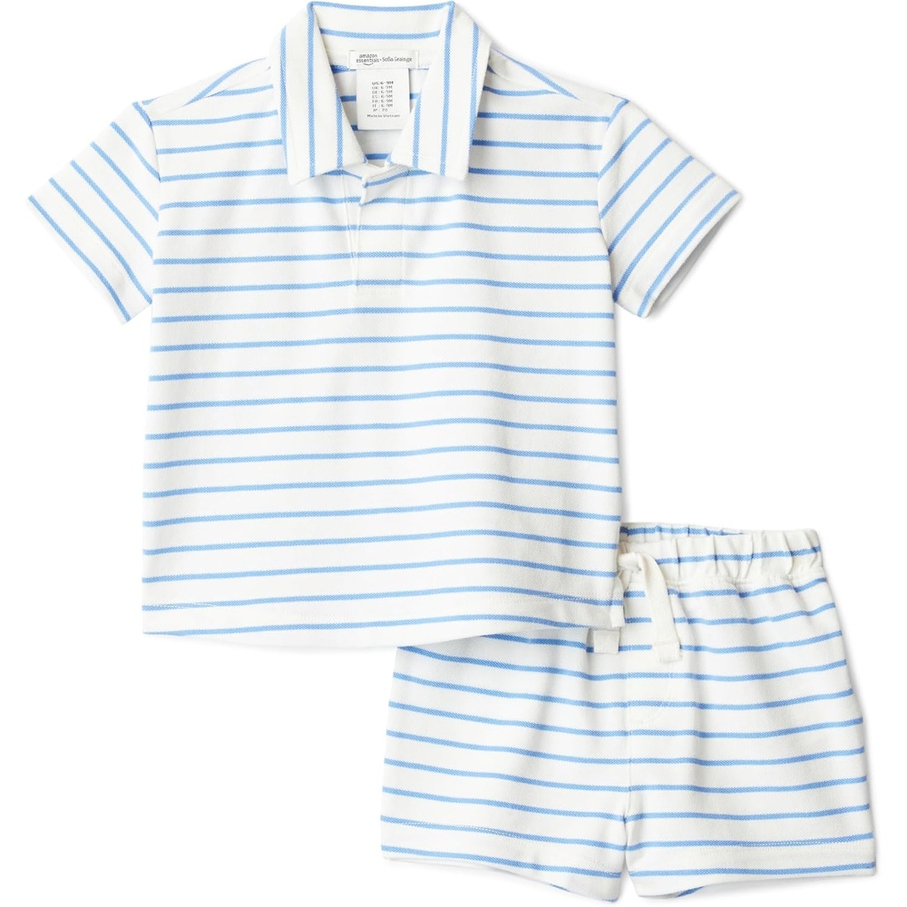 image:imageAmazon Essentials x Sofia Grainge Toddlers and Baby Boys Cotton Pique Short Sleeve Shirt amp Shorts Play SetBlue Uneven Thin Stripe