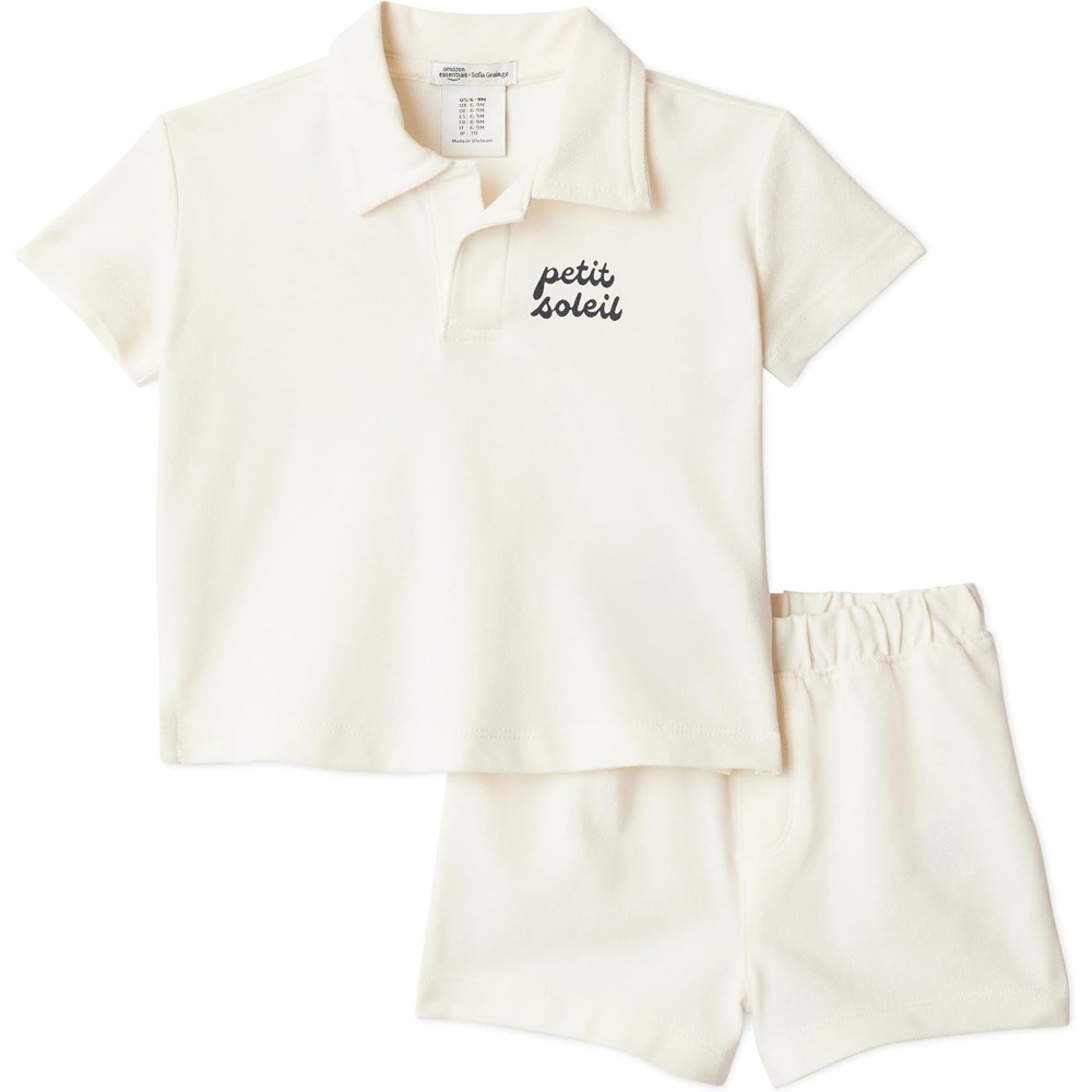 image:imageAmazon Essentials x Sofia Grainge Toddlers and Baby Boys Cotton Pique Short Sleeve Shirt amp Shorts Play SetIvory Navy Petit Soleil