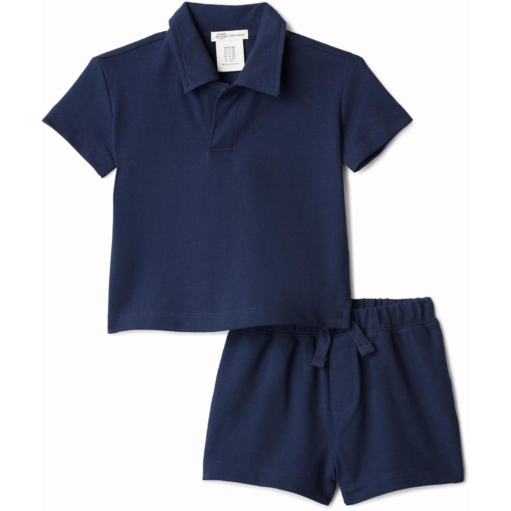 image:imageAmazon Essentials x Sofia Grainge Toddlers and Baby Boys Cotton Pique Short Sleeve Shirt amp Shorts Play SetNavy