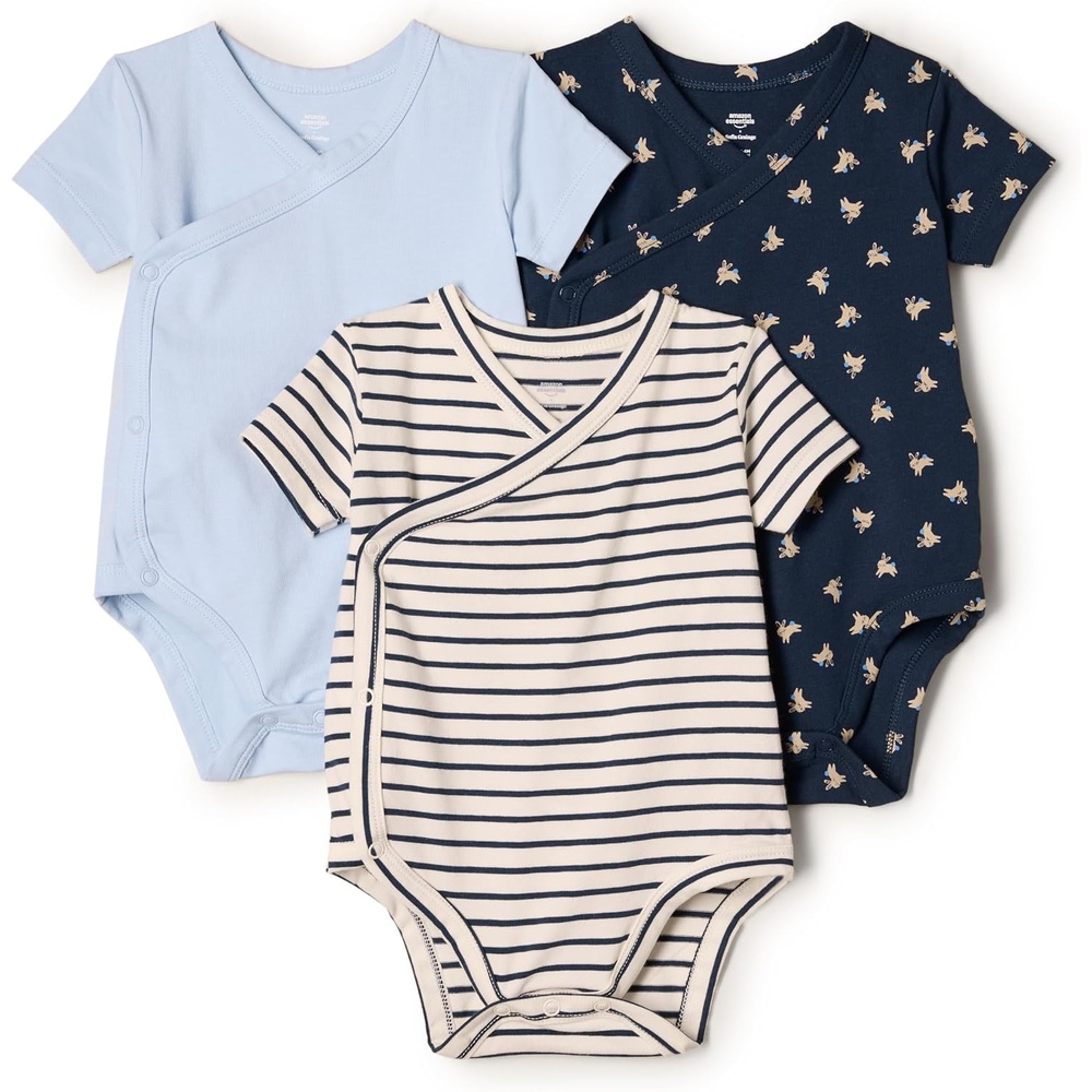 image:imageAmazon Essentials x Sofia Grainge Unisex Babies Side Snap Short Sleeve Bodysuit Pack of 3Light BlueBunniesStripe