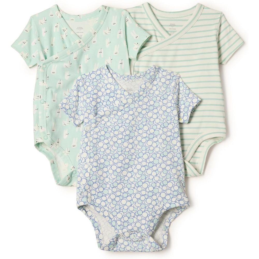 image:imageAmazon Essentials x Sofia Grainge Unisex Babies Side Snap Short Sleeve Bodysuit Pack of 3RabbitsRound TreesStripe