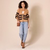 Amazon Essentials Women’s Soft Touch Ribbed V Neck Blouson Cardigan Sweater(Camel Heather Black Stripe)
