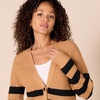 Amazon Essentials Women’s Soft Touch Ribbed V Neck Blouson Cardigan Sweater(Camel Heather Black Stripe)
