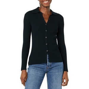Amazon Essentials Women’s Fine Gauge Stretch Polo Ribbed Cardigan (Previously Daily Ritual)(Black)