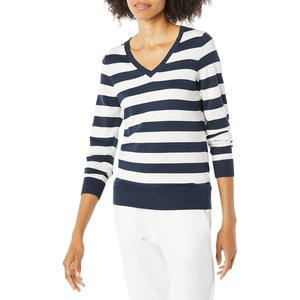 Amazon Essentials Women’s Lightweight Long-Sleeve V-Neck Sweater(Navy White Rugby Stripe)