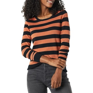 Amazon Essentials Women’s Long-Sleeve Lightweight Crewneck Sweater, Flattering (Available in Plus Size)(Black Caramel Rugby Stripe)