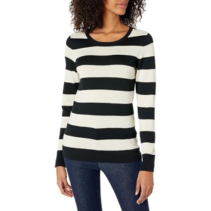 Amazon Essentials Women’s Long-Sleeve Lightweight Crewneck Sweater, Flattering (Available in Plus Size)(Black Oatmeal Heather Rugby Stripe)
