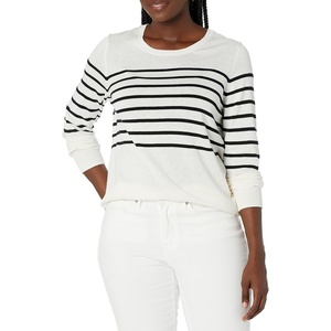 Amazon Essentials Women’s Long-Sleeve Lightweight Crewneck Sweater, Flattering (Available in Plus Size)(Black White Placed Stripe)