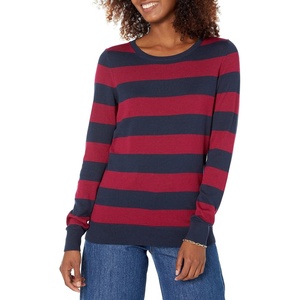 Amazon Essentials Women’s Long-Sleeve Lightweight Crewneck Sweater, Flattering (Available in Plus Size)(Burgundy Navy Rugby Stripe)