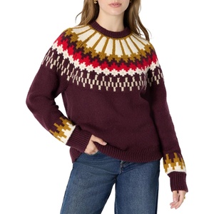 Amazon Essentials Women’s Oversized-Fit Fair Isle Crewneck Sweater, Heavyweight Cotton-Blend, Raglan Sleeves, Ribbed Trim(Dark Burgundy Cream Chevron Knit)
