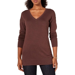 Amazon Essentials Women’s Regular Fit Lightweight V-Neck Tunic Sweater, Long Sleeve(Dark Chestnut Brown Heather)