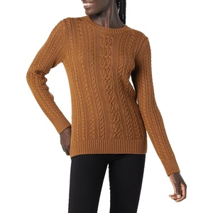Amazon Essentials Women’s Regular Fit Soft Cotton Cable Knit Ribbed Crewneck Sweater (Available in Plus Size)(Dark Chestnut Brown Heather)