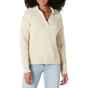 Amazon Essentials Women’s Regular-Fit Midweight Cotton Polo Pullover Sweater, Long Sleeve, V Neck, Collared(Sand Heather)