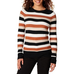 Amazon Essentials Women’s Regular-Fit Soft Touch Crewneck Long-Sleeve Sweater(Black Brown Rugby Stripe)