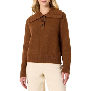 Amazon Essentials Women’s Relaxed-Fit Button Collar Sweater, Ribbed, Soft Cotton Blend, Dropped Shoulders(Caramel Heather)
