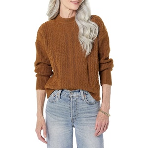 Amazon Essentials Women’s Relaxed-Fit Cable Knit Sweater, Soft-Touch Modern Crewneck (Plus(Dark Camel Heather)