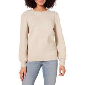 Amazon Essentials Women’s Relaxed-Fit Soft Touch Long Sleeve Pleated Shoulder Crewneck Sweater(Beige)