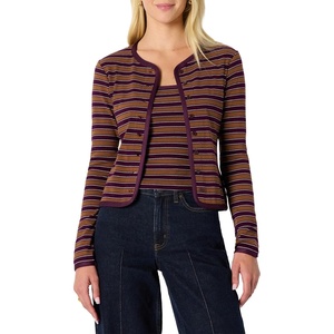Amazon Essentials Women’s Slim-Fit Ribbed Cardigan & Cami Set with Removable Straps(Burgundy Brown Stripe)