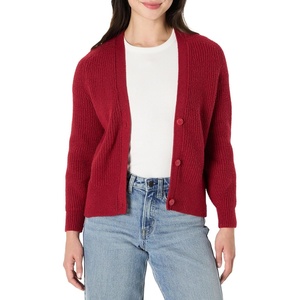 Amazon Essentials Women’s Soft Touch Ribbed V Neck Blouson Cardigan Sweater(Dark Red)