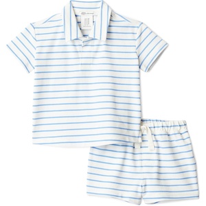 Amazon Essentials x Sofia Grainge Toddlers and Baby Boys’ Cotton Pique Short Sleeve Shirt & Shorts Play Set(Blue Uneven Thin Stripe)