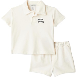 Amazon Essentials x Sofia Grainge Toddlers and Baby Boys’ Cotton Pique Short Sleeve Shirt & Shorts Play Set(Ivory Navy Petit Soleil)