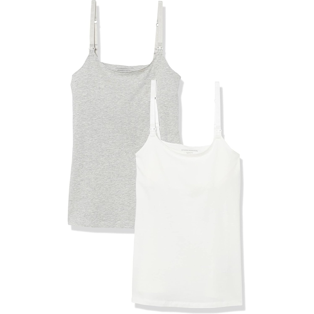 image:imageAmazon Essentials Womens Maternity Nursing Tops Pregnancy Clothes with Adjustable Straps and Builtin Shelf Bra Pack of 2Light Grey Heather