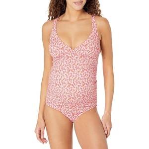 Amazon Essentials Women’s Maternity Ruched V-Neck Swimsuit with Adjustable Straps(Pale Peach Micro Floral)